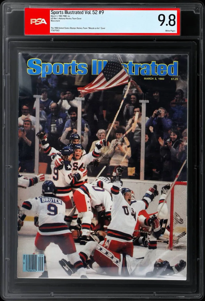 This is a graded copy of "Sports Illustrated" magazine, Vol. 52 #9, with a PSA rating of 9.8. The cover shows an ice hockey game moment, featuring USA team players celebrating on the ice with a waving American flag. The scene is from the "Miracle on Ice," a famous match against the Soviet Union from February 22, 1980.