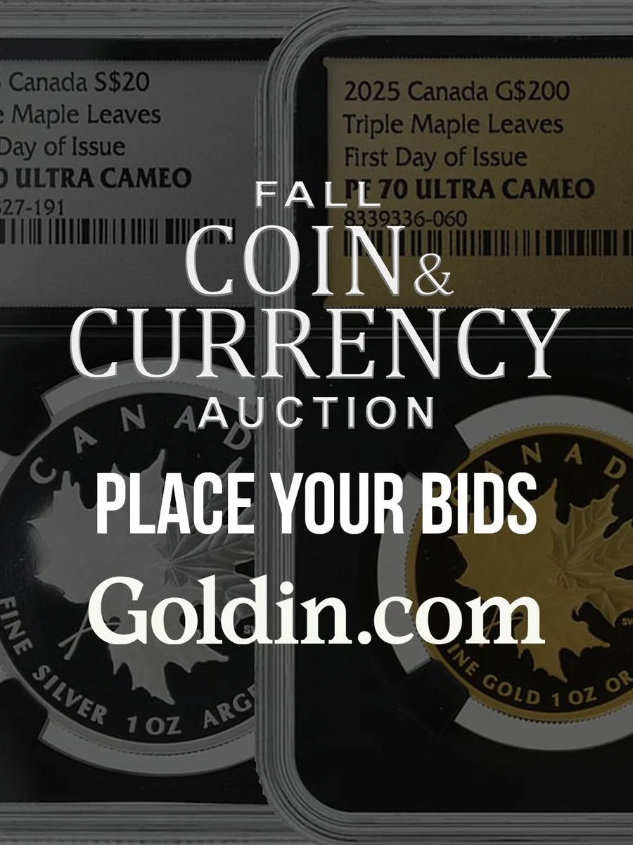 Auction poster featuring two Canadian coins: a silver $20 and a gold $200, both with maple leaf designs. Text reads "Fall Coin & Currency Auction. Place Your Bids Goldin.com.