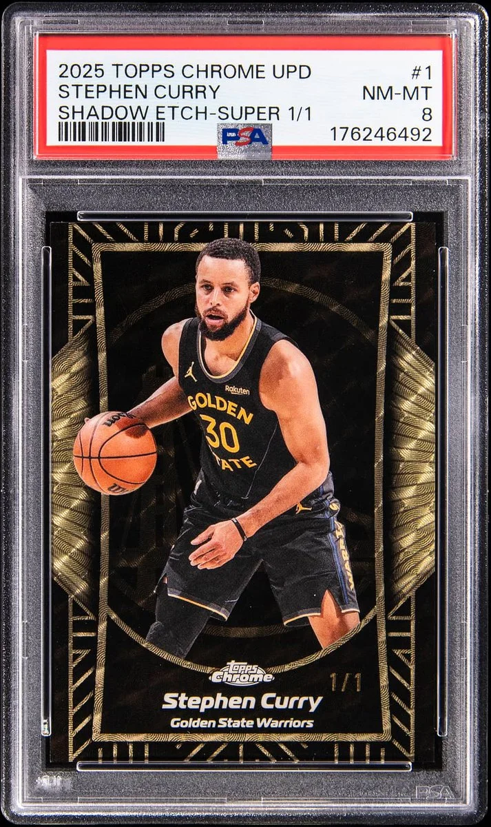 A 2025 Topps Chrome basketball trading card featuring Stephen Curry in a Golden State Warriors uniform. The card is graded 8 by PSA and labeled "NM-MT." It is a unique Shadow Etch-Super with a 1/1 designation.