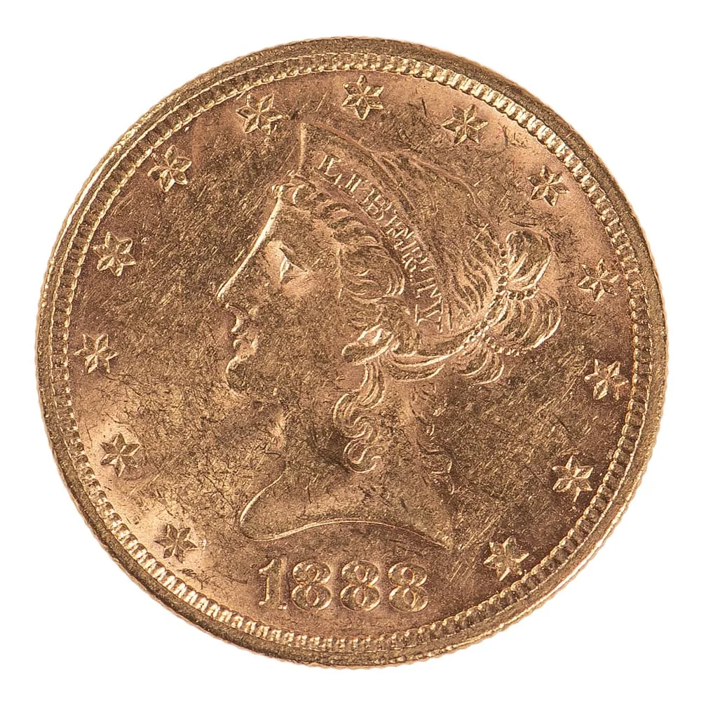A golden 1888 Liberty Head coin featuring a profile of Liberty surrounded by stars along the edge.