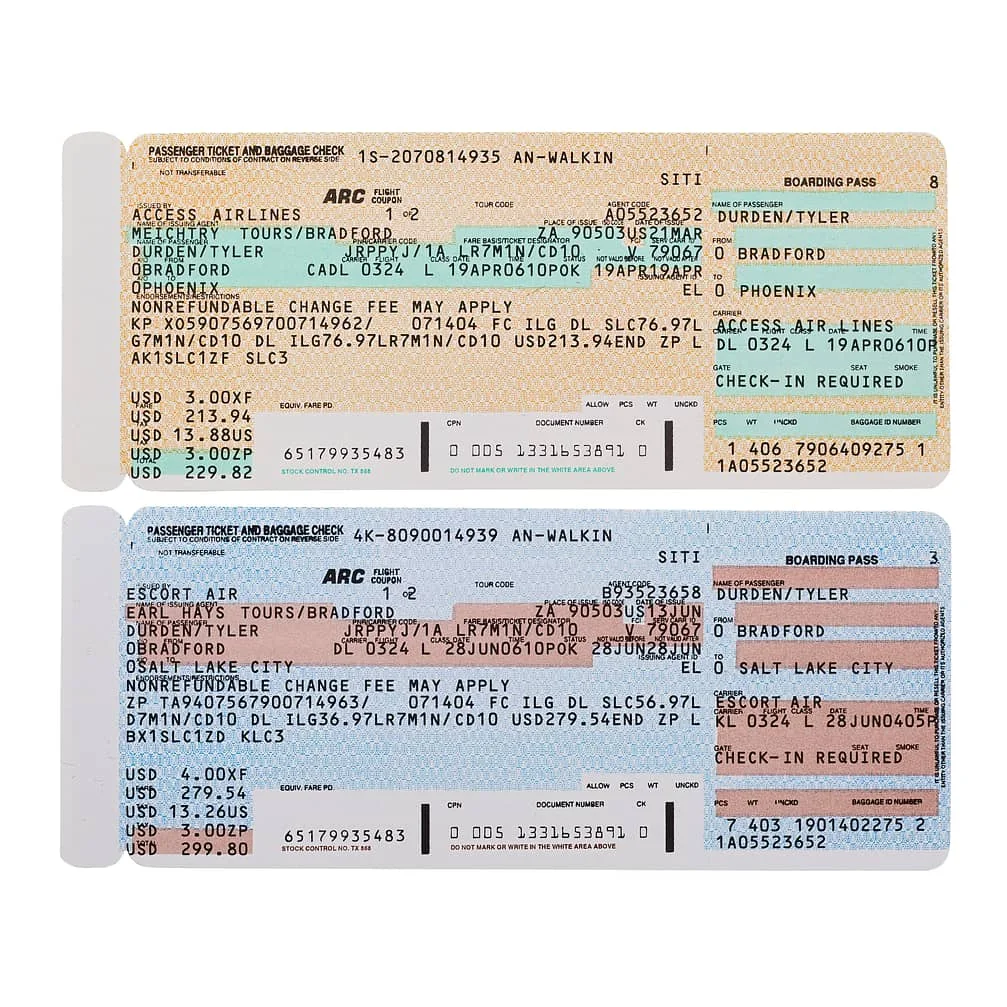Two airline boarding passes for flights operated by Access Airlines and Secret Air. The tickets display passenger names, flight numbers, departure and arrival airports, and other travel details.