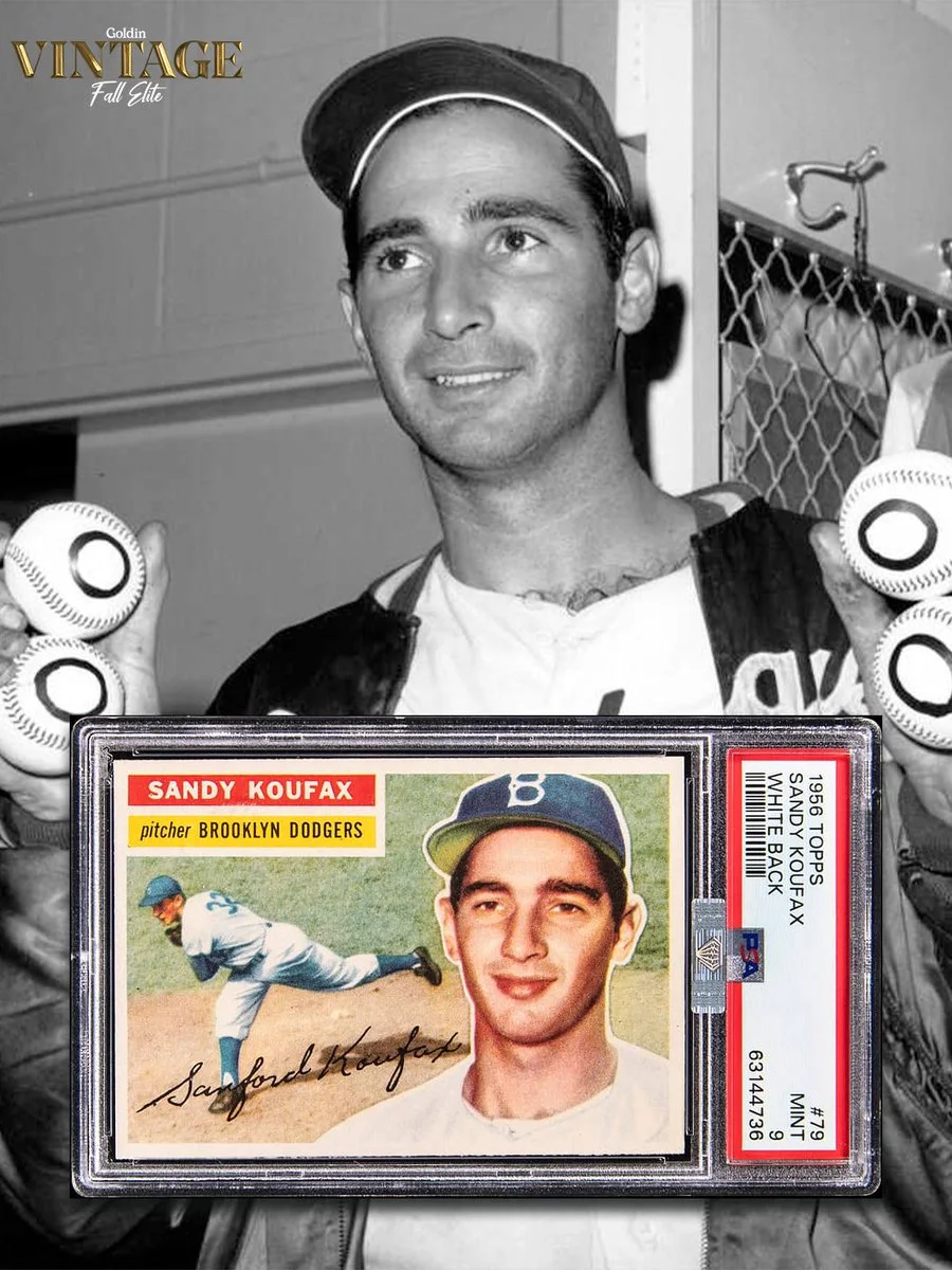 A person in a baseball uniform is holding two baseballs, one in each hand, smiling. Inset in the image is a vintage baseball card of Sandy Koufax, a pitcher for the Brooklyn Dodgers, displaying his portrait and signature.