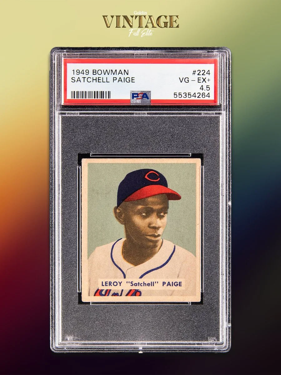 A 1949 Bowman baseball card of Satchel Paige encased in a protective PSA slab. The card is graded VG-EX+ 4.5. Paige is depicted wearing a baseball cap and uniform. The background of the image has a gradient with the text "Goldin VINTAGE Fall Elite" at the top.