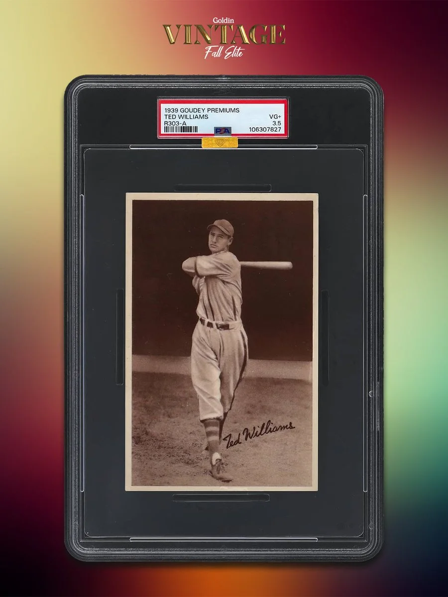 A vintage baseball card featuring a player in a batting pose, with the name "Ted Williams" and "1934 Goudey Premiums" label at the top. The card is encased in a protective plastic holder.