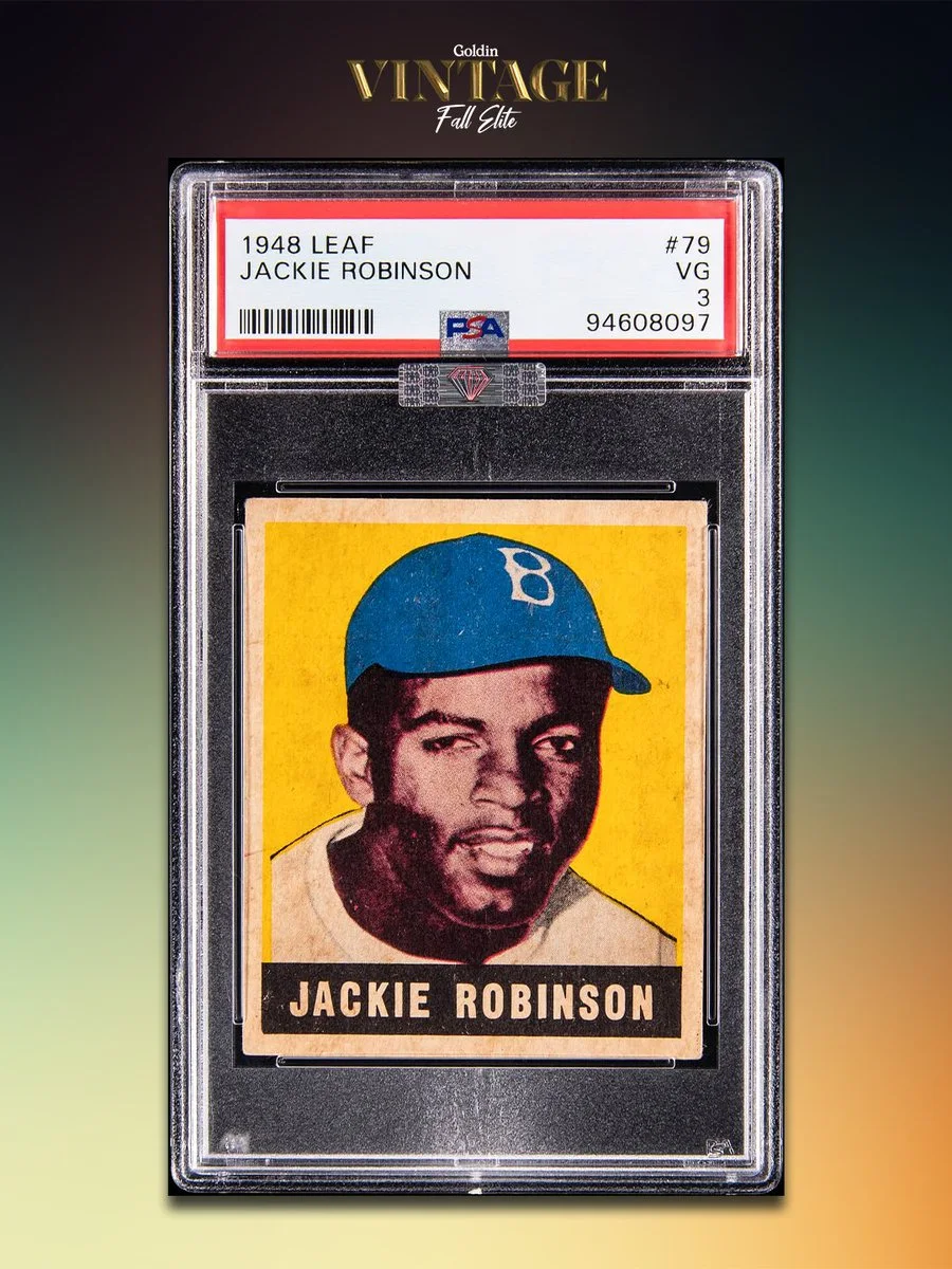The image shows a 1948 Leaf baseball card featuring Jackie Robinson. The card is encased in a protective holder with grading details at the top, marked as "VG 3" by PSA.