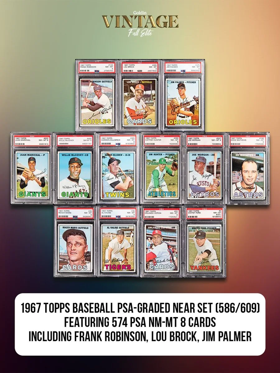 A collection of PSA-graded 1967 Topps baseball cards is displayed in a grid. Notable cards include those of Frank Robinson, Lou Brock, and Jim Palmer. The image promotes a set of 586 out of 609 cards in NM-MT 8 condition.