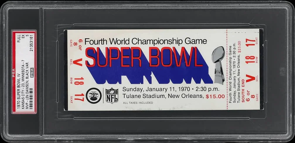 A vintage ticket for the Fourth World Championship Game, Super Bowl IV, dated Sunday, January 11, 1970, at 2:30 p.m. The game was held at Tulane Stadium in New Orleans. The ticket price is $15. The design includes the NFL logo and an image of the Vince Lombardi Trophy.