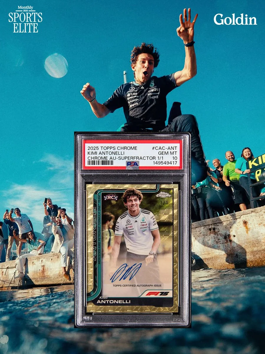 This image features a sports card for driver Andrea Kimi Antonelli. The card is encased and graded, with a score of "Gem MT 10." The background shows a person jumping joyfully on a dock, with a cheering group nearby. The logos "Monthly Sports Elite" and "Goldin" are visible.