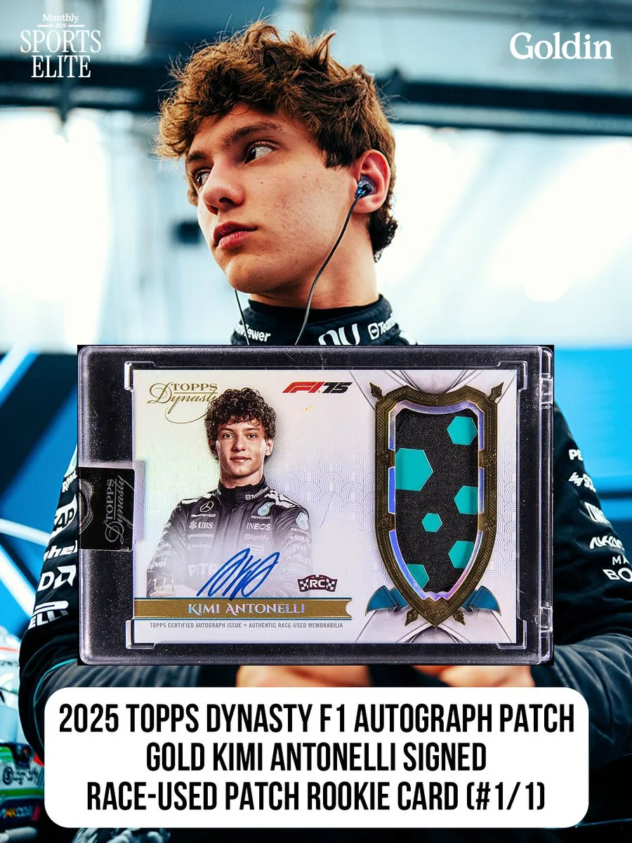 An individual holds a framed 2025 Topps Dynasty F1 Autograph Patch card featuring Kimi Antonelli, with a signed race-used patch. The card is marked as one of a kind (#1/1).