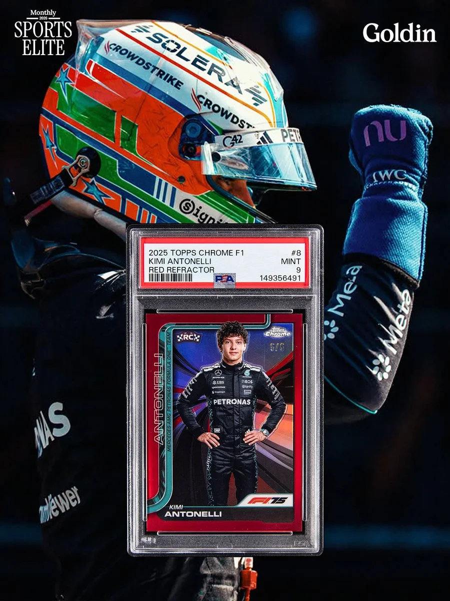 The image shows a person in racing gear with a colorful helmet, raising a fist. Overlaid is a trading card of a race car driver in a Petronas suit. The borders display "2023 Topps Chrome F1" and "Kimi Antonelli Red Refractor." The heading "Monthly Sports Elite" and logo "Goldin" are present.