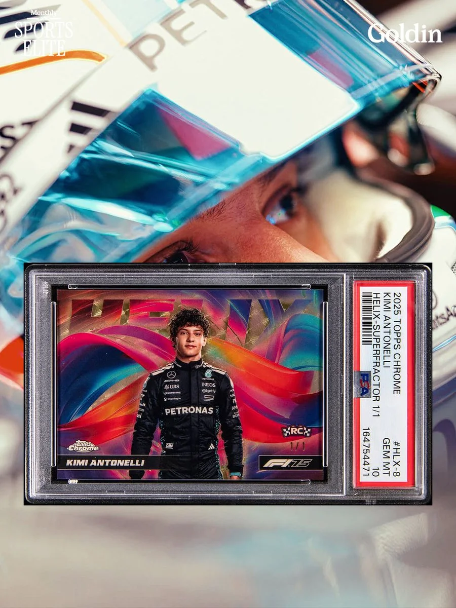 This image features a sports trading card of Kimi Antonelli, displayed prominently. The card shows Kimi in a racing suit, with colorful graphics in the background. In the backdrop, there is a blurred image of a person wearing reflective sunglasses and a helmet. The brands "Topps," "F1," "Petronas," and "Goldin" are visible.