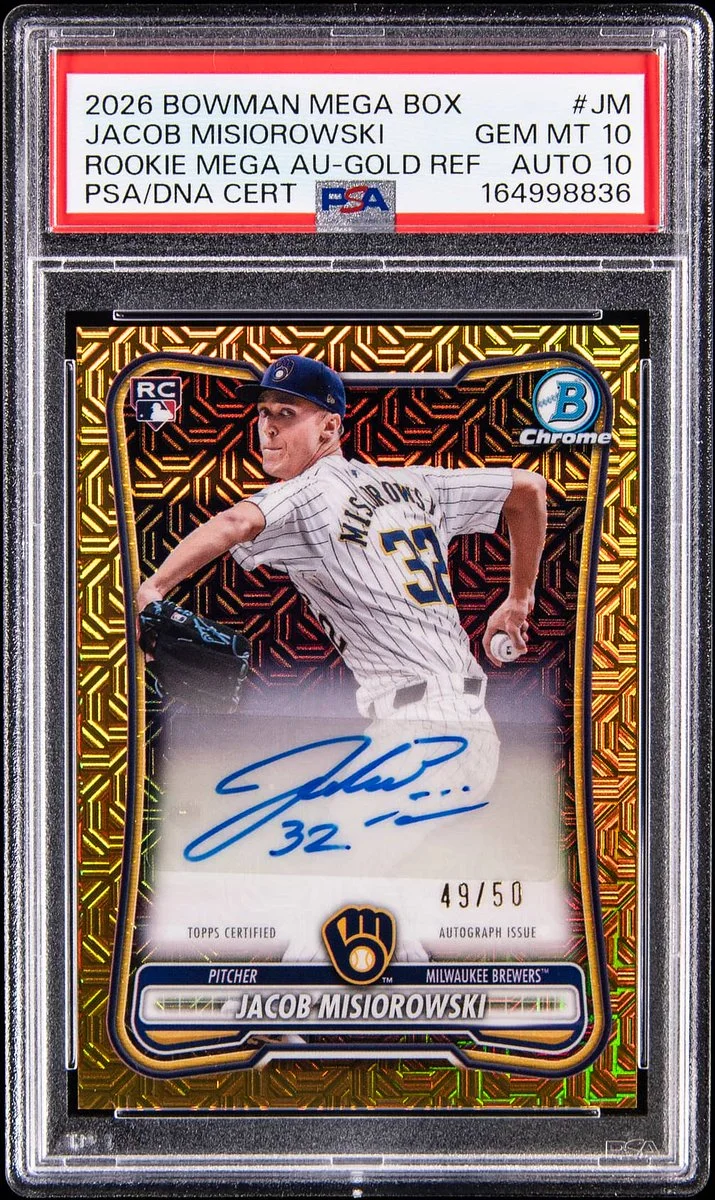 Front view of a 2026 Bowman Mega Box trading card featuring Jacob Misiorowski. The card includes an autograph and is numbered 49 out of 50. It has been graded GEM MT 10 with an auto rating of 10 by PSA/DNA. Jacob is depicted in a Milwaukee Brewers uniform.