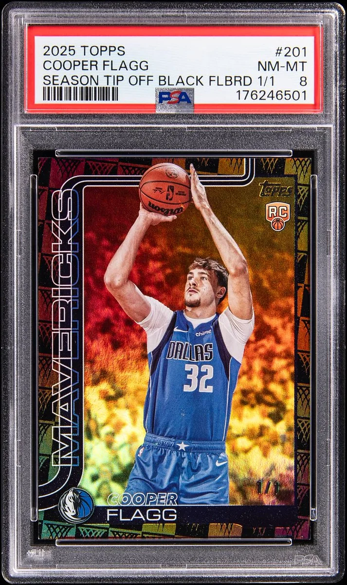 This is a 2025 Topps trading card featuring a basketball player wearing a Dallas Mavericks uniform, numbered #201. The card is graded NM-MT 8 and titled "Season Tip Off Black FLBRD 1/1.