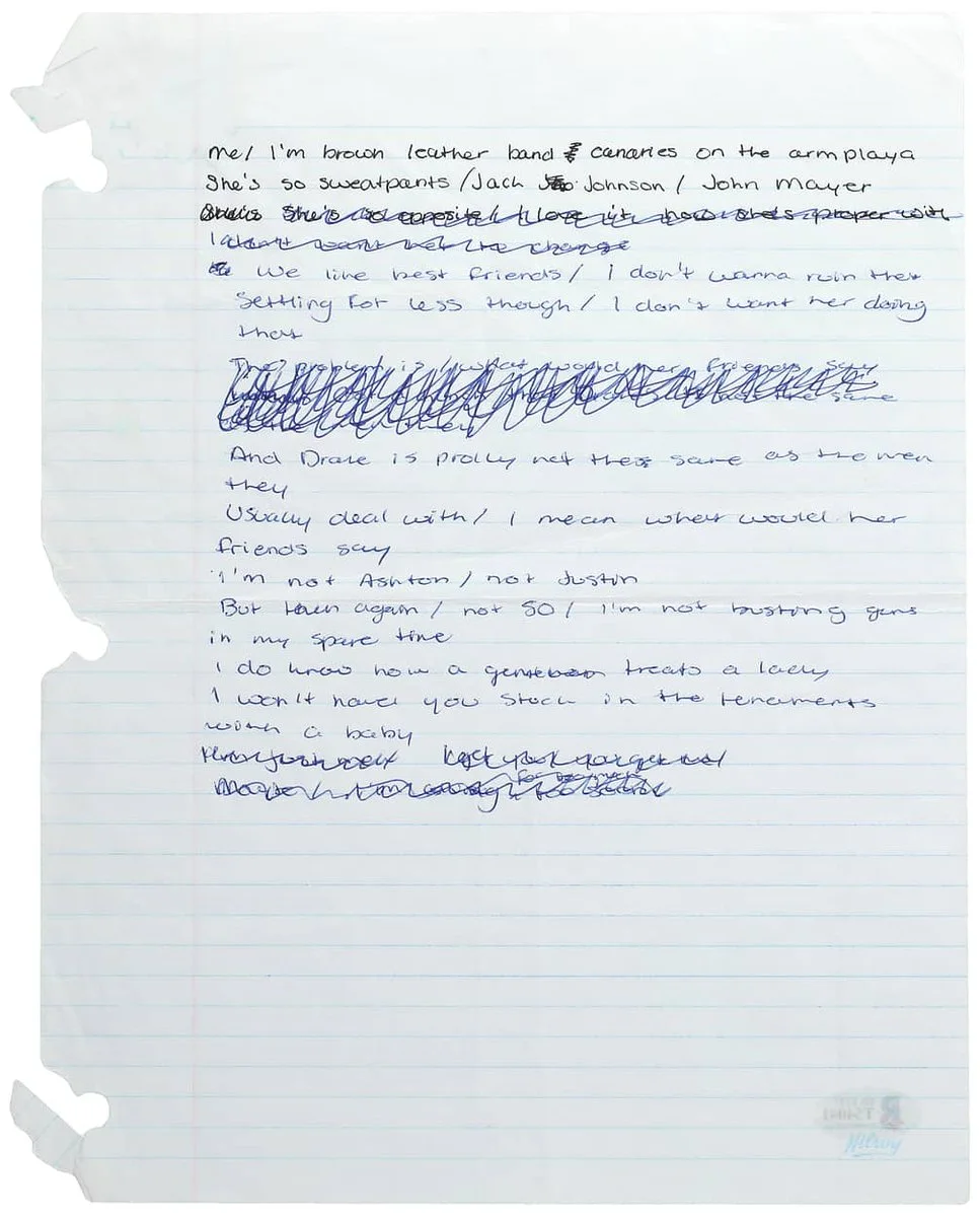 A handwritten note on lined paper with torn binder holes. The text discusses a preference for laid-back bands and songs, mentioning artists like Jack Johnson, John Mayer, and Norah Jones, followed by crossed-out lines. It also references Drake and Justin (possibly meaning Justin Timberlake or Justin Bieber), noting a personal mood in response to music. The note is informal and written in blue ink.