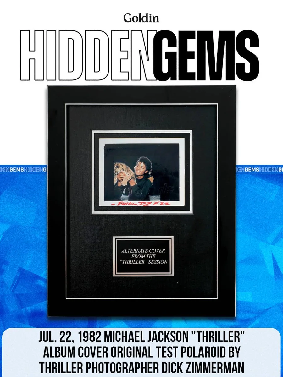 Framed artwork featuring an alternative cover from the Michael Jackson "Thriller" session is showcased. The image includes a photo and an autograph. Below, text describes it as a test Polaroid by photographer Dick Zimmerman, dated July 22, 1982.
