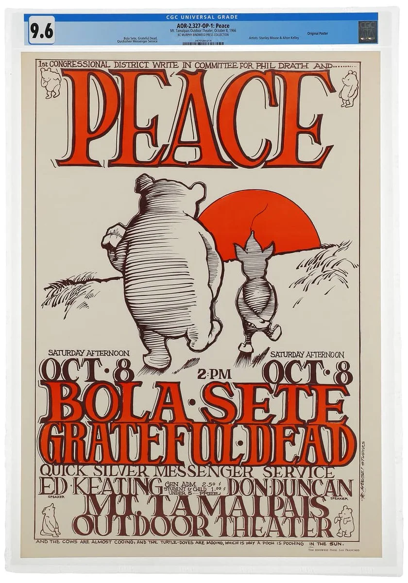 Concert poster for a peace event at the Oakland Coliseum featuring Bola Sete, Grateful Dead, and Quicksilver Messenger Service on October 8th. Illustrated with two figures walking towards a setting sun.