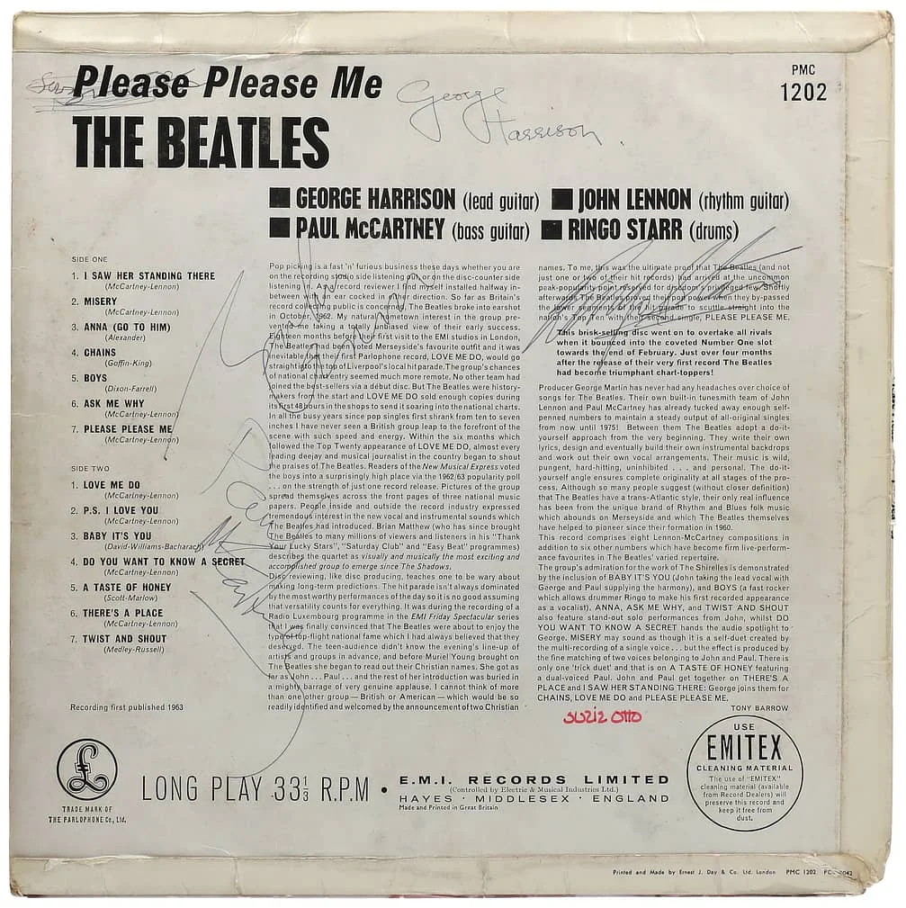 A vintage album cover for "Please Please Me" by The Beatles. It features a list of songs and information about the band members: George Harrison, John Lennon, Paul McCartney, and Ringo Starr. There are handwritten signatures near the top. The EMI Records and Emitex logos are visible on the bottom right.