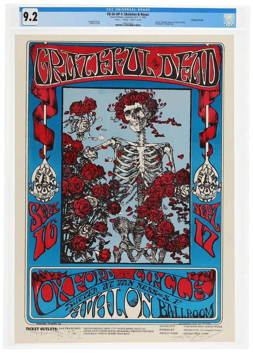 An illustrated concert poster for the Grateful Dead. It features a skeleton holding roses and banners with the dates Sept 16 and Sept 17. "Avalon Ballroom" and additional text are included, surrounded by vibrant, colorful designs.