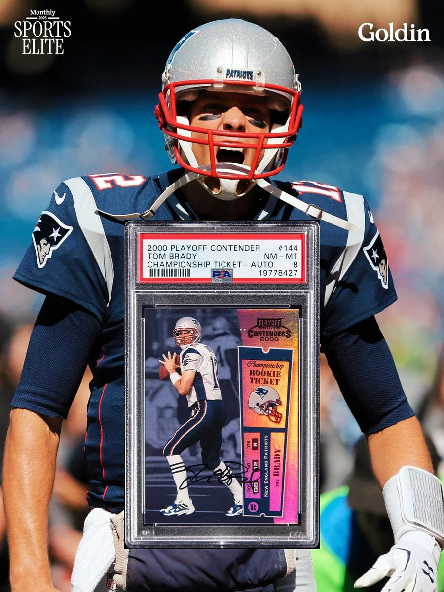This image features a person in a football uniform with a helmet, energetically celebrating on a football field. The uniform has the New England Patriots logo. Overlaid is a collectible football card labeled "2000 Playoff Contender Championship Ticket" with an image of a football player. The card shows the same uniform on the player depicted. The background is a blurred stadium.