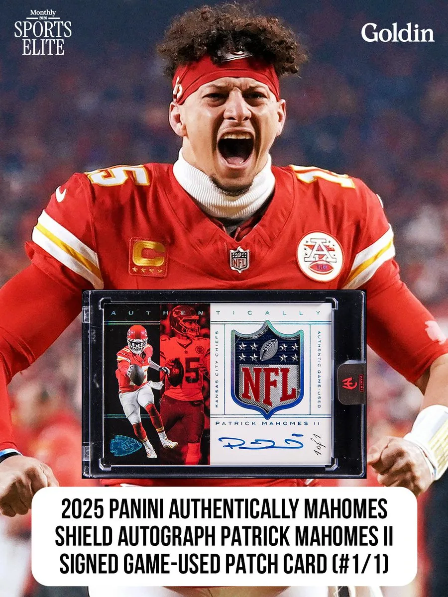 A person in a bright red football uniform shouts enthusiastically. In front is a 2025 Panini "Authentically Mahomes" shield autograph card, featuring a game-used patch and signature. The card has a large NFL logo. "Goldin" appears in the upper right corner.