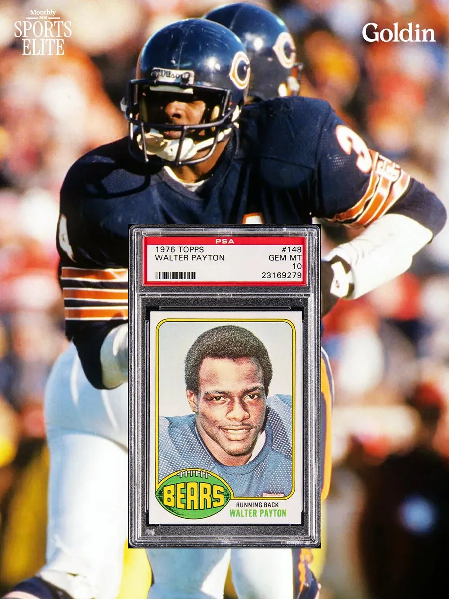 A football player wearing a Chicago Bears uniform is running on the field. In front of the player is a 1976 Topps trading card featuring Walter Payton. The card is graded "PSA GEM MT 10." Logos for "Goldin" and "Sports Elite" are visible in the corners.