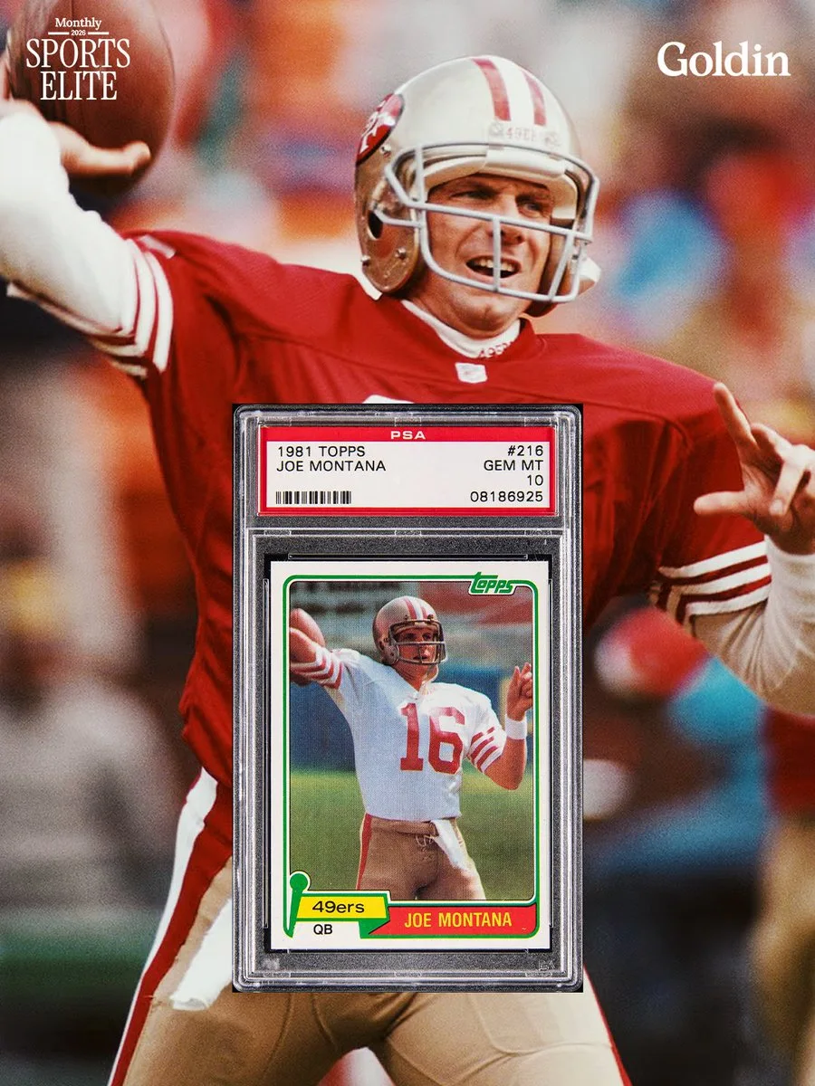 A football player in a red and gold uniform, with a trading card in the foreground labeled "Joe Montana, 1981 Topps." The card shows the same player in a similar uniform. The background is blurred, with vibrant colors. The image features logos for Sports Elite Monthly and Goldin.