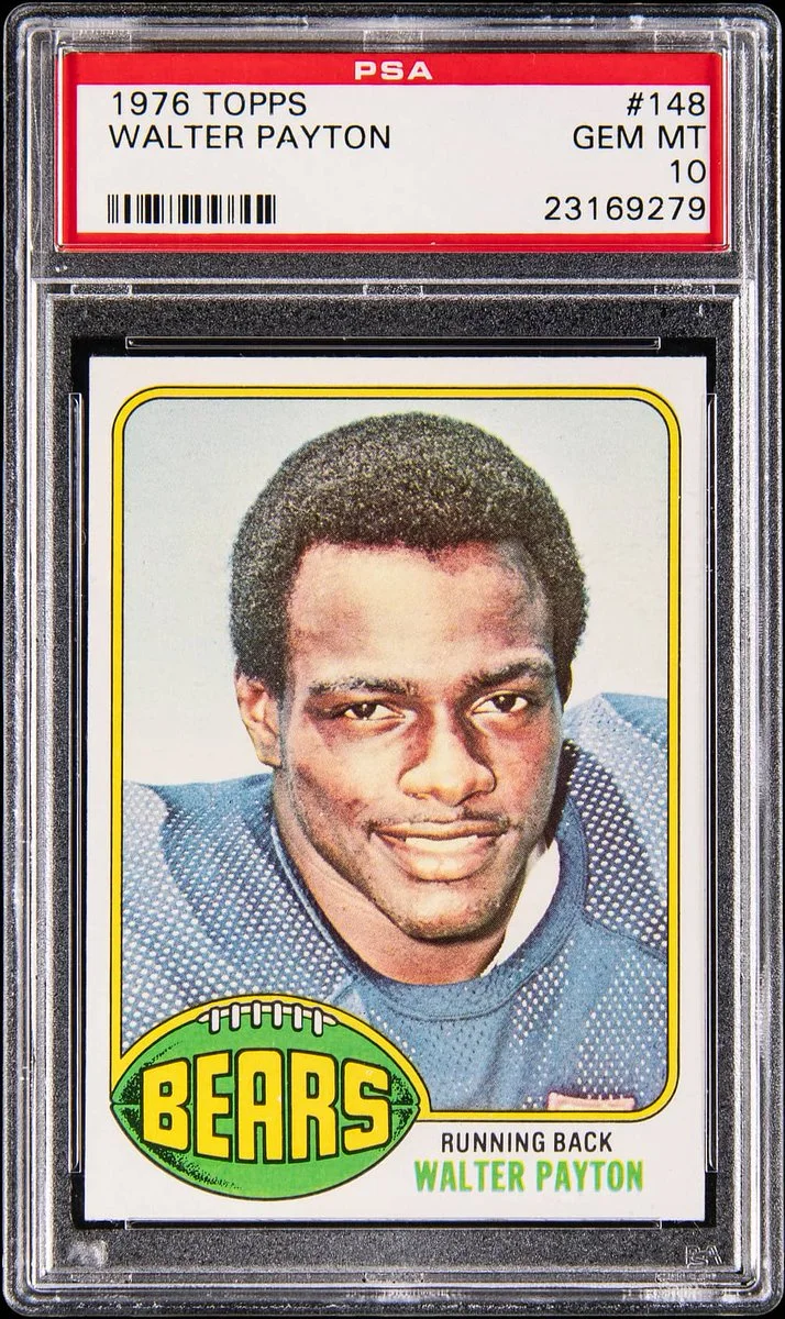 A 1976 Topps football card featuring Walter Payton, running back for the Bears. The card design includes a photo of Payton in a football uniform with a Bears logo. Graded by PSA as Gem Mint 10 with ID number 23169279.