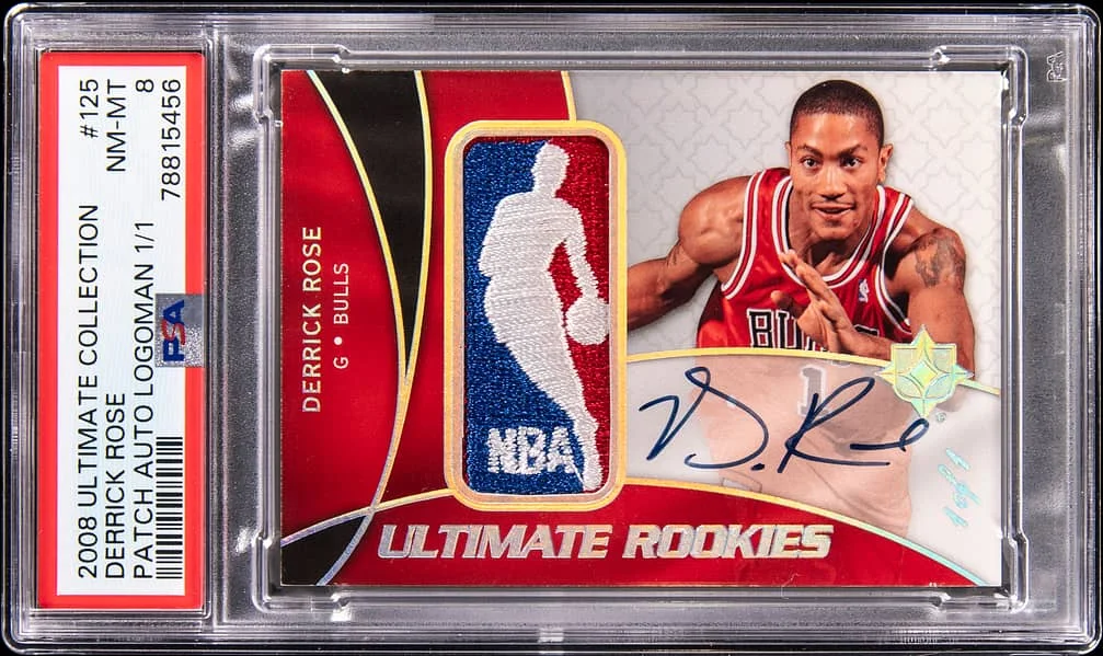 A graded, collectible basketball card featuring a player in a Chicago Bulls jersey. The card includes an NBA logo patch and an autograph. Text on the card reads "2008 Ultimate Collection," "Derrick Rose," "Ultimate Rookies," and "Patch Auto Logoman 1/1.