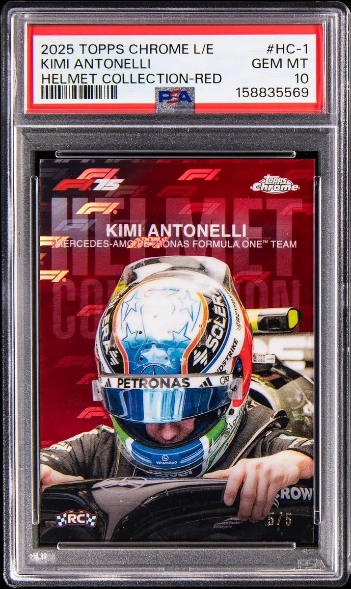 This is an image of a 2025 Topps Chrome Limited Edition card, featuring Kimi Antonelli. It's graded GEM MT 10 with the label "Helmet Collection-Red." The card displays a person in racing gear and helmet, associated with the Mercedes-AMG Petronas Formula One Team. The background is red with abstract detailing.
