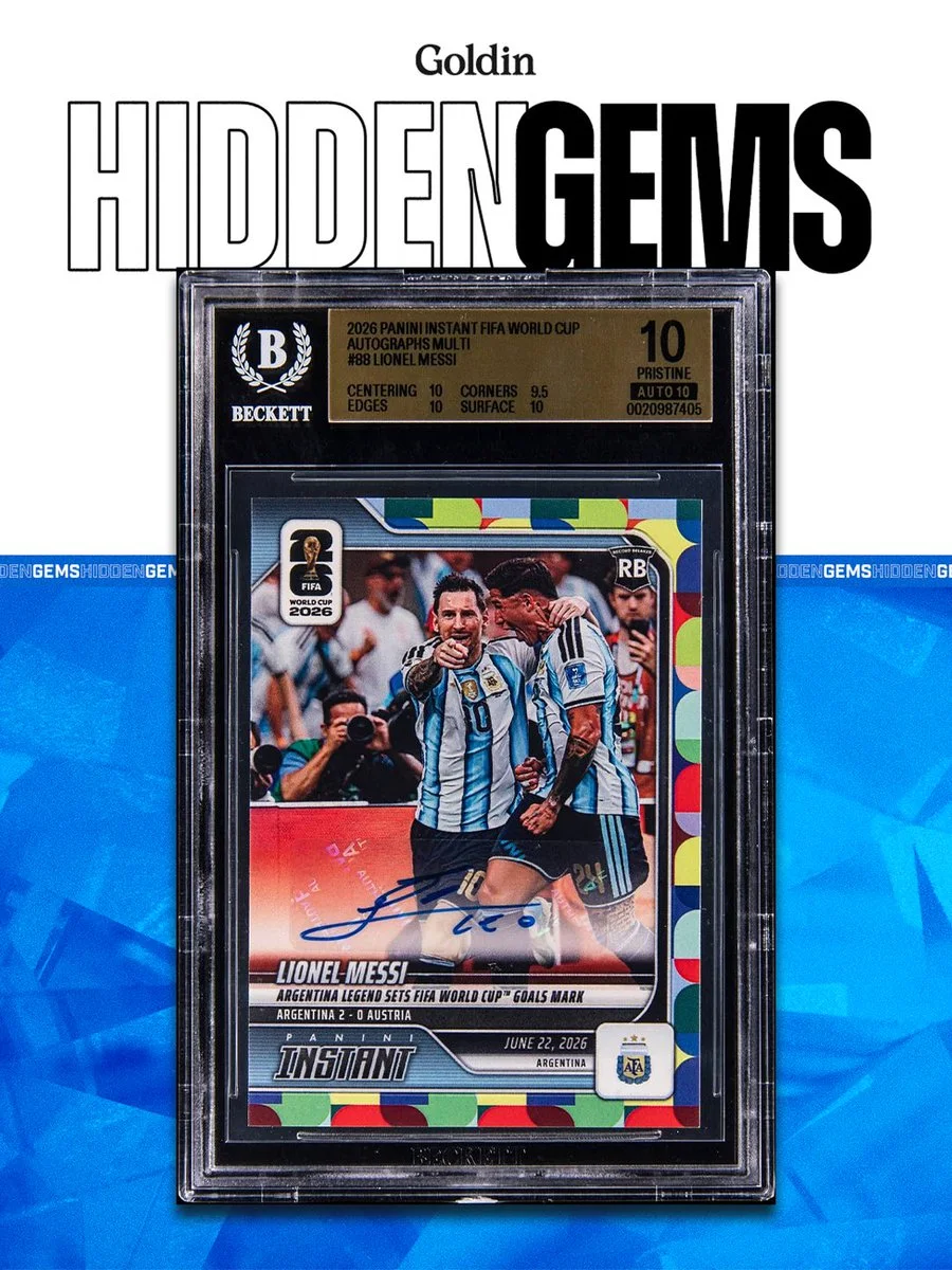 A graded 2022 Panini Instant FIFA World Cup card featuring a player from Argentina wearing a blue and white striped jersey, with the name "Lionel Messi" displayed. The label shows a grade of 10 and the card has a signature. The background displays the word "Hidden Gems" at the top.