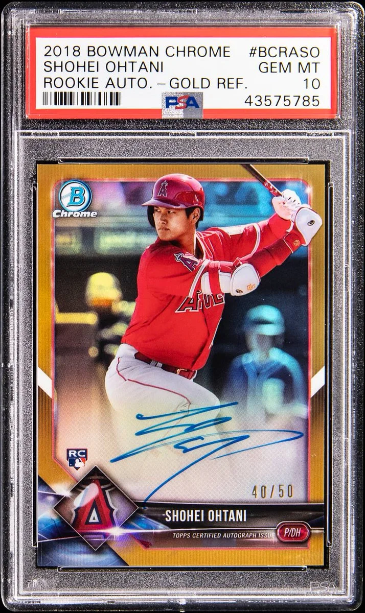 Baseball trading card featuring Shohei Ohtani from the 2018 Bowman Chrome series. The card includes Ohtani in a red uniform, a blue signature, and the label indicates it is a "GEM MT 10" grade by PSA. The card is numbered 40 out of 50.