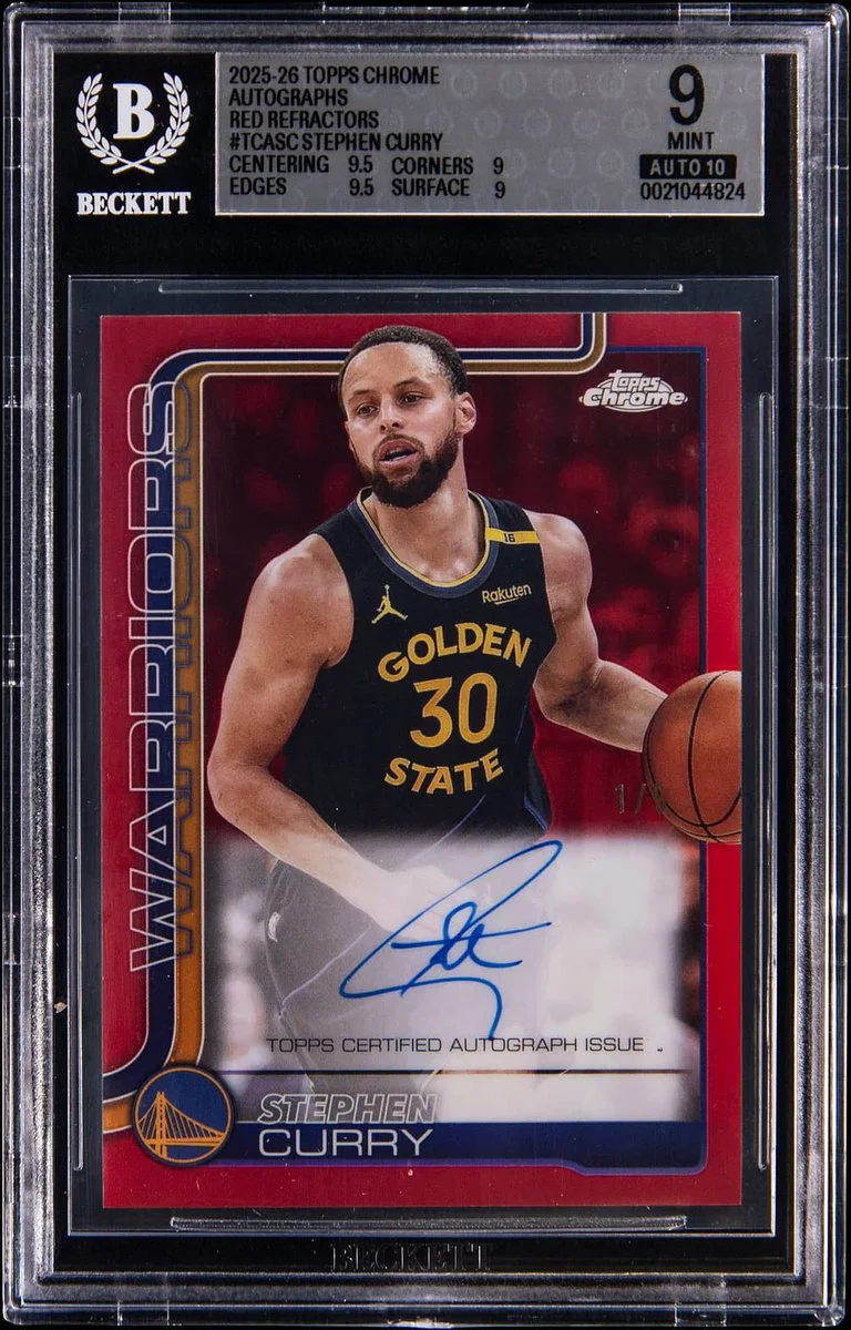 A basketball trading card featuring a person in a Golden State Warriors uniform, numbered 30. The card includes an autograph and is graded 9 by Beckett. It has a red background and the signature is below the image.