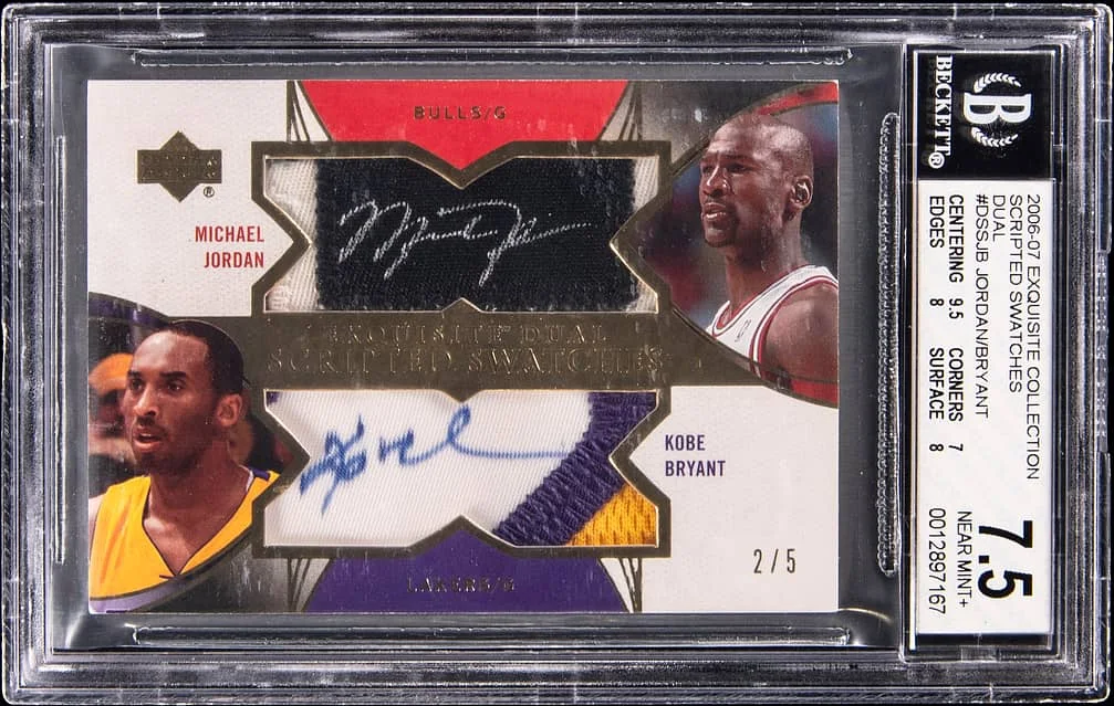 A basketball trading card encased for protection features Michael Jordan and Kobe Bryant. The card includes small jersey swatches and signatures from both athletes, with "2006-07 Exquisite Collection" and "Upper Deck" branding visible. Graded 9.5 by Beckett.