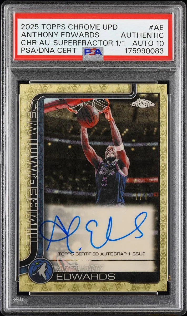 A sports trading card featuring a basketball player in action, dunking a ball with a crowd in the background. The card is labeled "2025 Topps Chrome Update" and "Anthony Edwards" and includes an autograph and certification details.