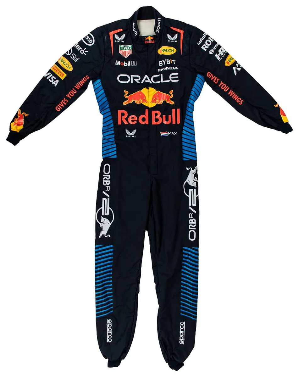 A Red Bull Racing driver jumpsuit, featuring logos such as Oracle, Mobil 1, and Puma. The suit is primarily dark, with blue accents and multiple sponsor logos throughout.
