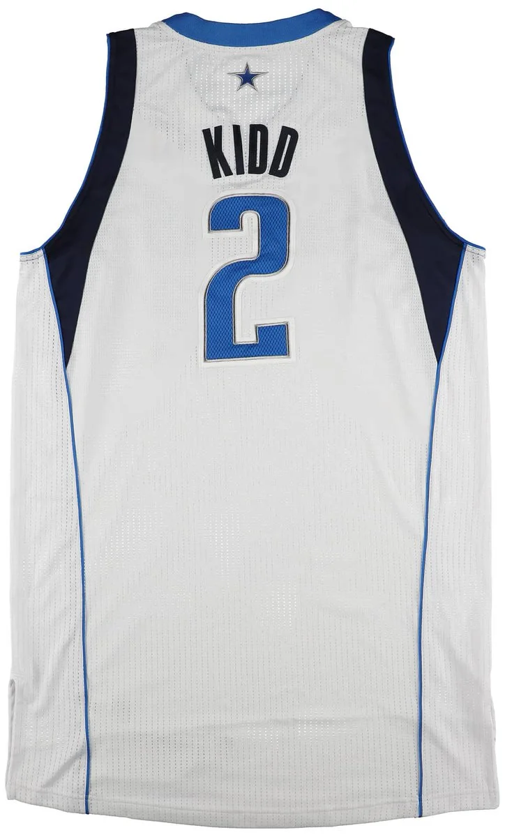 A basketball jersey with the name "Kidd" and the number "2" on the back, featuring a small star at the top. The jersey is primarily white with blue and dark accents.