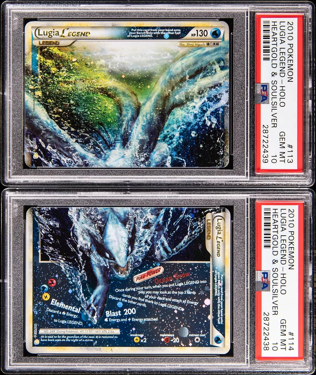 Two graded Pokémon trading cards in protective cases. Both cards feature Lugia from the HeartGold & SoulSilver set. The top card shows a swirling abstract design, while the bottom card depicts Lugia amidst waves. Both cards are labeled "PSA GEM MT 10.