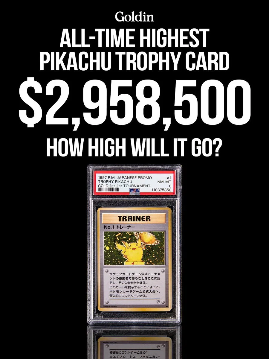 Image of a framed 1997 Pikachu Trainer trophy card. Text above states: "Goldin All-Time Highest Pikachu Trophy Card $2,958,500 How High Will It Go?