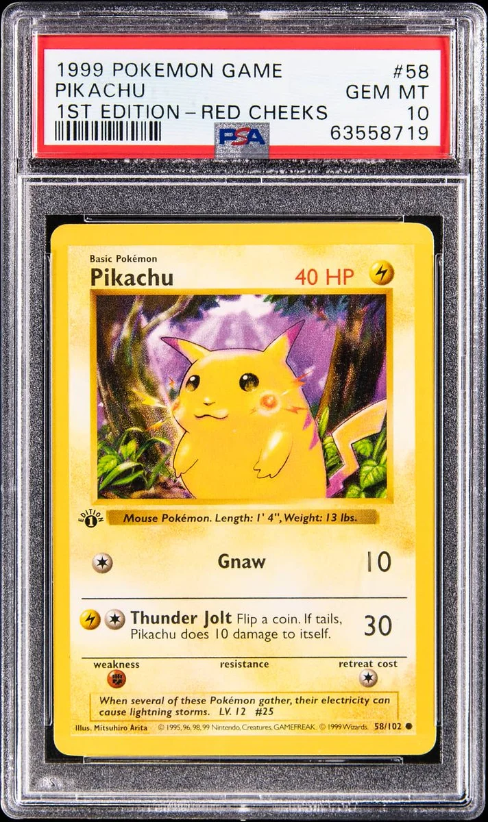 A 1999 Pokémon game card featuring Pikachu. The card is graded GEM MT 10 by PSA and is 1st Edition with red cheeks. Pikachu has 40 HP, with moves "Gnaw" and "Thunder Jolt.