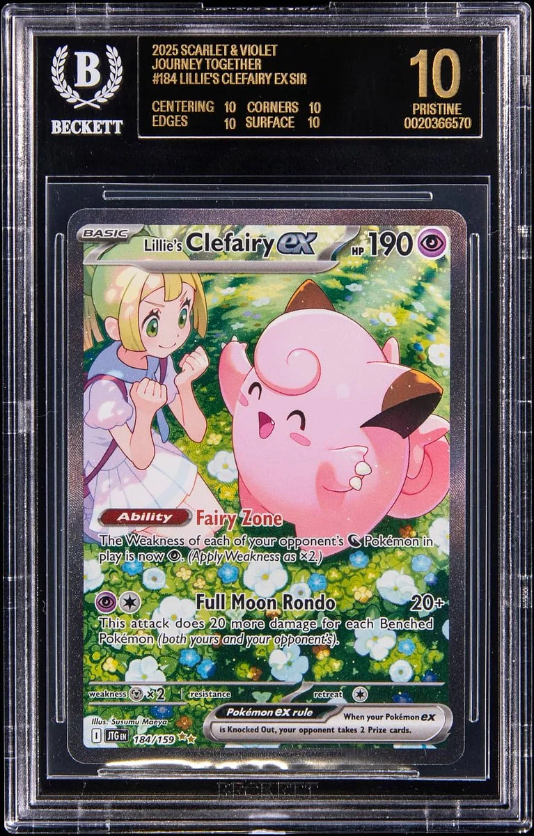 The image shows a graded Pokémon card encased in a protective Beckett sleeve. It features "Lillie's Clefairy EX" from the 2025 Scarlet & Violet series. The card is rated "Pristine 10" and sports a colorful illustration of Clefairy beside a character. Attributes include 190 HP and abilities like "Fairy Zone" and "Full Moon Rondo.