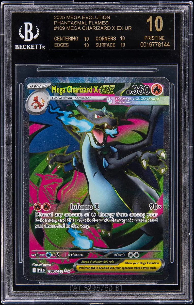 Image of a Beckett-graded Mega Charizard X EX Pokémon card with a pristine 10 rating. The card features a vibrant illustration of Mega Charizard X, a black dragon with blue flames. Grading details include 10 for centering, corners, edges, and surface.
