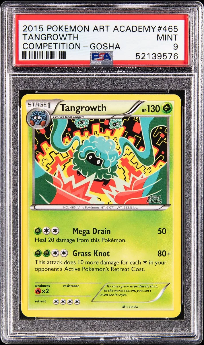 This is a card from the 2015 Pokémon Art Academy collection, featuring Tangrowth. It has an artwork depicting Tangrowth with a dynamic background. The card is graded as "Mint 9" by PSA, with a Pokémon competition reference.