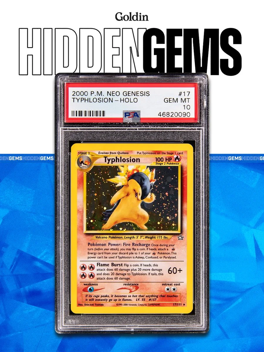 A Typhlosion Pokémon card from the 2000 Neo Genesis series is encased in a graded holder. It is graded GEM MT 10 by PSA. The card features Typhlosion with 100 HP and various abilities. The background has a blue geometric pattern with the text "HIDDEN GEMS" at the top.