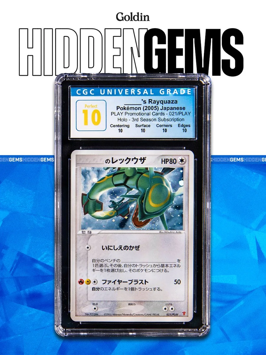 A Japanese Pokémon card of Rayquaza is encased in a protective plastic sleeve. The card is labeled "CGC Universal Grade" with a perfect rating of 10. It is presented against a blue background with the text "Goldin Hidden Gems" at the top.