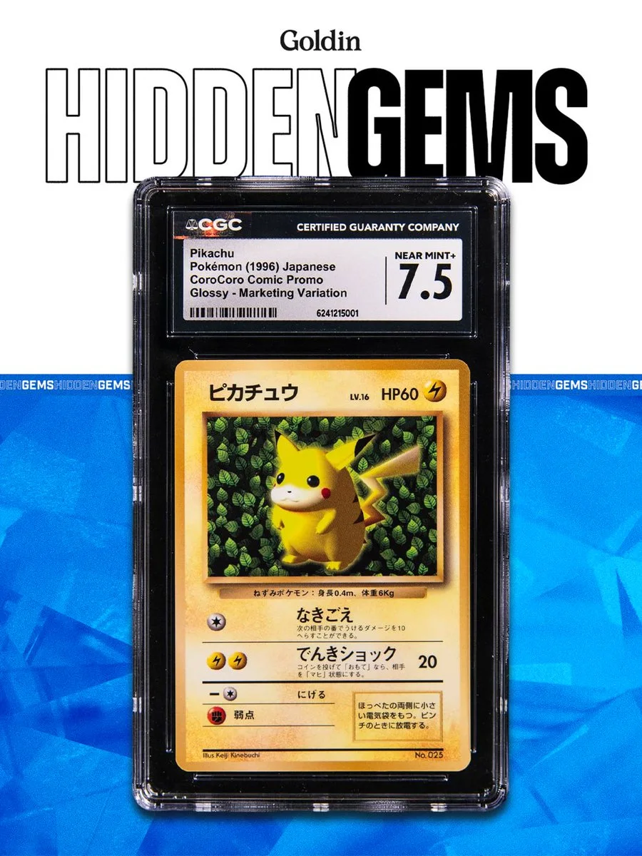 A graded Pokémon card featuring Pikachu in a protective case with a rating of 7.5 by Certified Guaranty Company (CGC). The background displays the words "Hidden Gems" in bold letters.