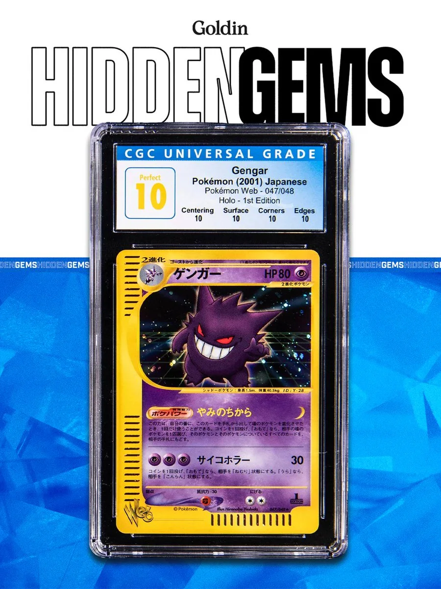 A graded Pokémon card featuring Gengar is showcased. The card is encased in a protective holder with a grading label from CGC, signifying a perfect score of 10. The background includes the text "Goldin Hidden Gems.