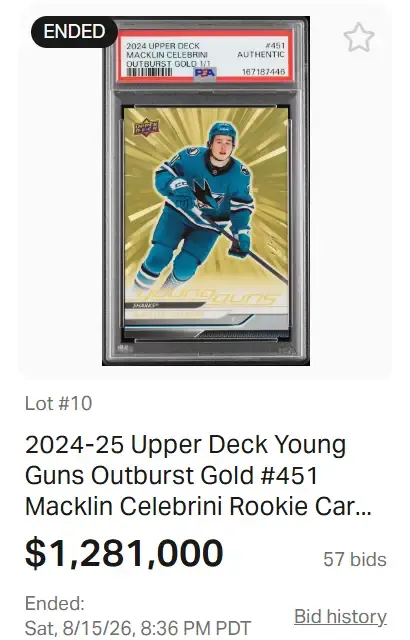 Macklin Celebrini Young Guns 1/1 Sets Hockey Card Record