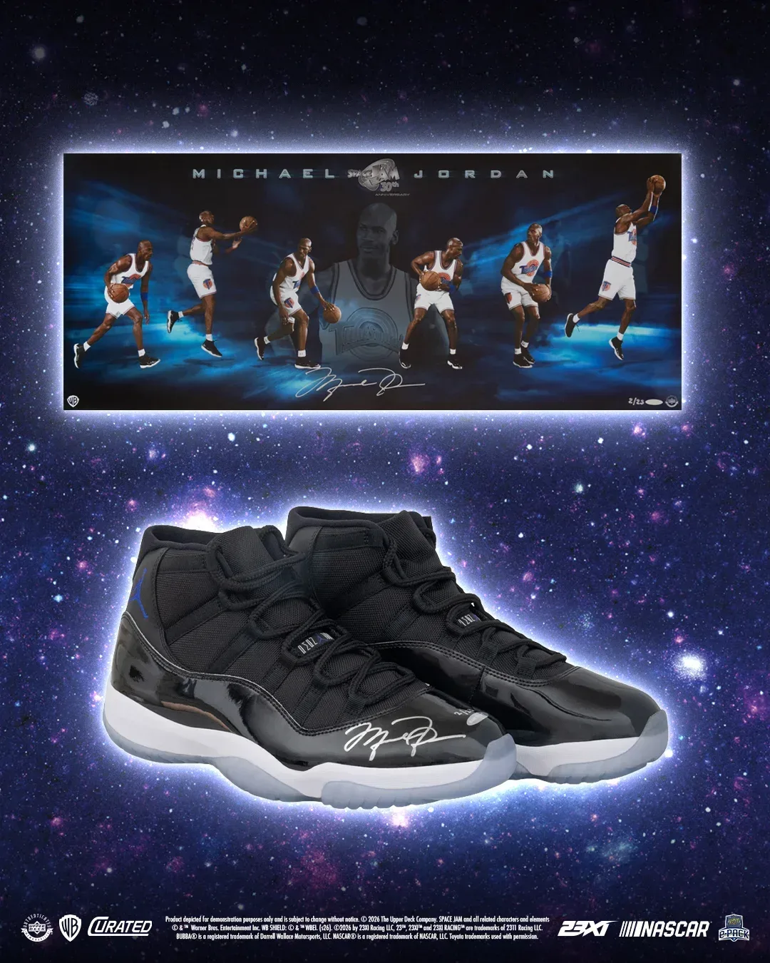 Upper Deck Michael Jordan Space Jam print and Jordan-signed shoes.