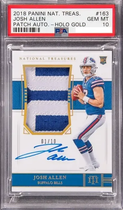 A PSA 10 2018 Panini National Treasures Patch Autograph Holo Gold #163 Josh Allen Rookie Card (#01/10).