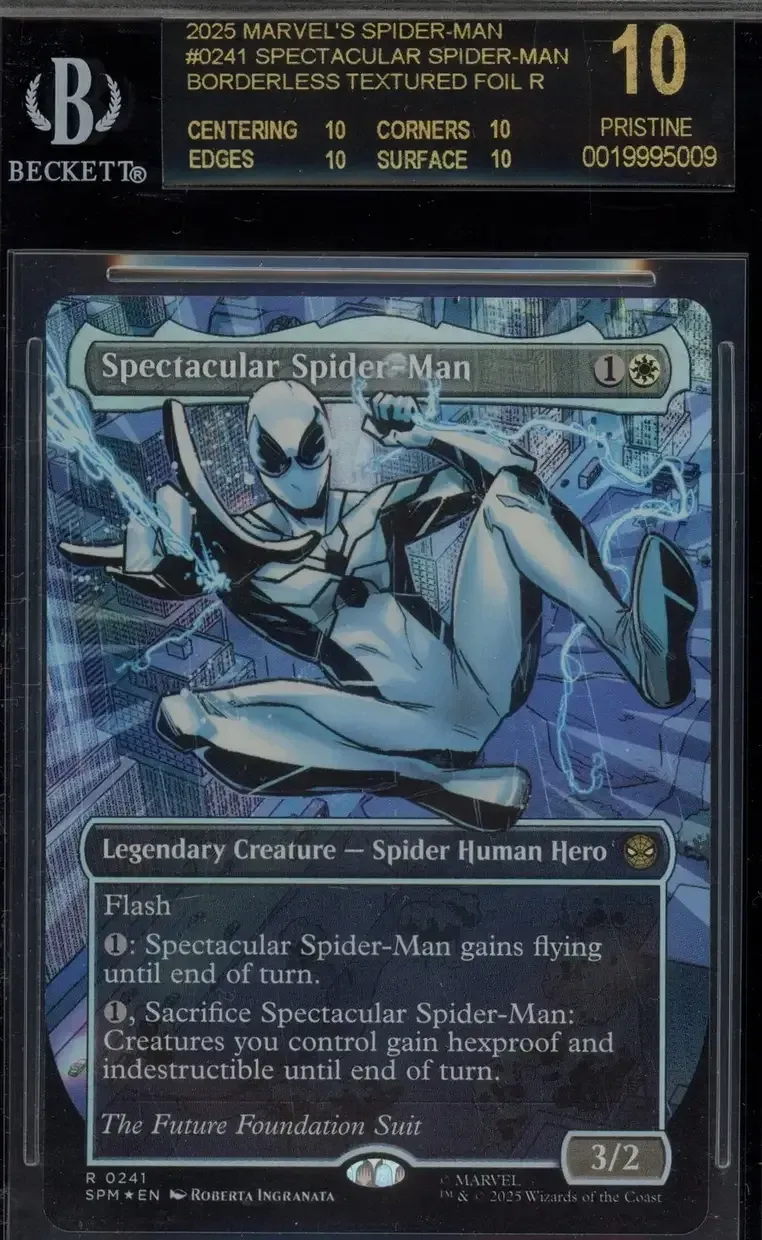 Picture of 2025 MTG Card featuring Spider-Man card with gray/blue spider-man swinging on webs that the hero is slinging.